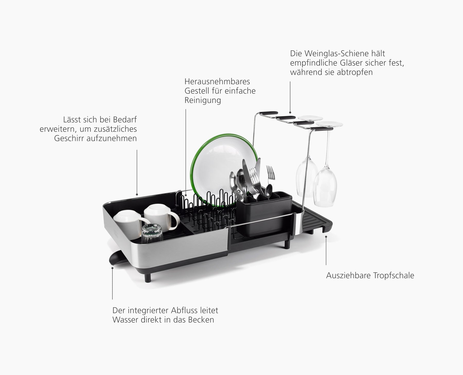 Extend™ Steel Plus Expandable Black Dish Drainer with Wine Glass Rack