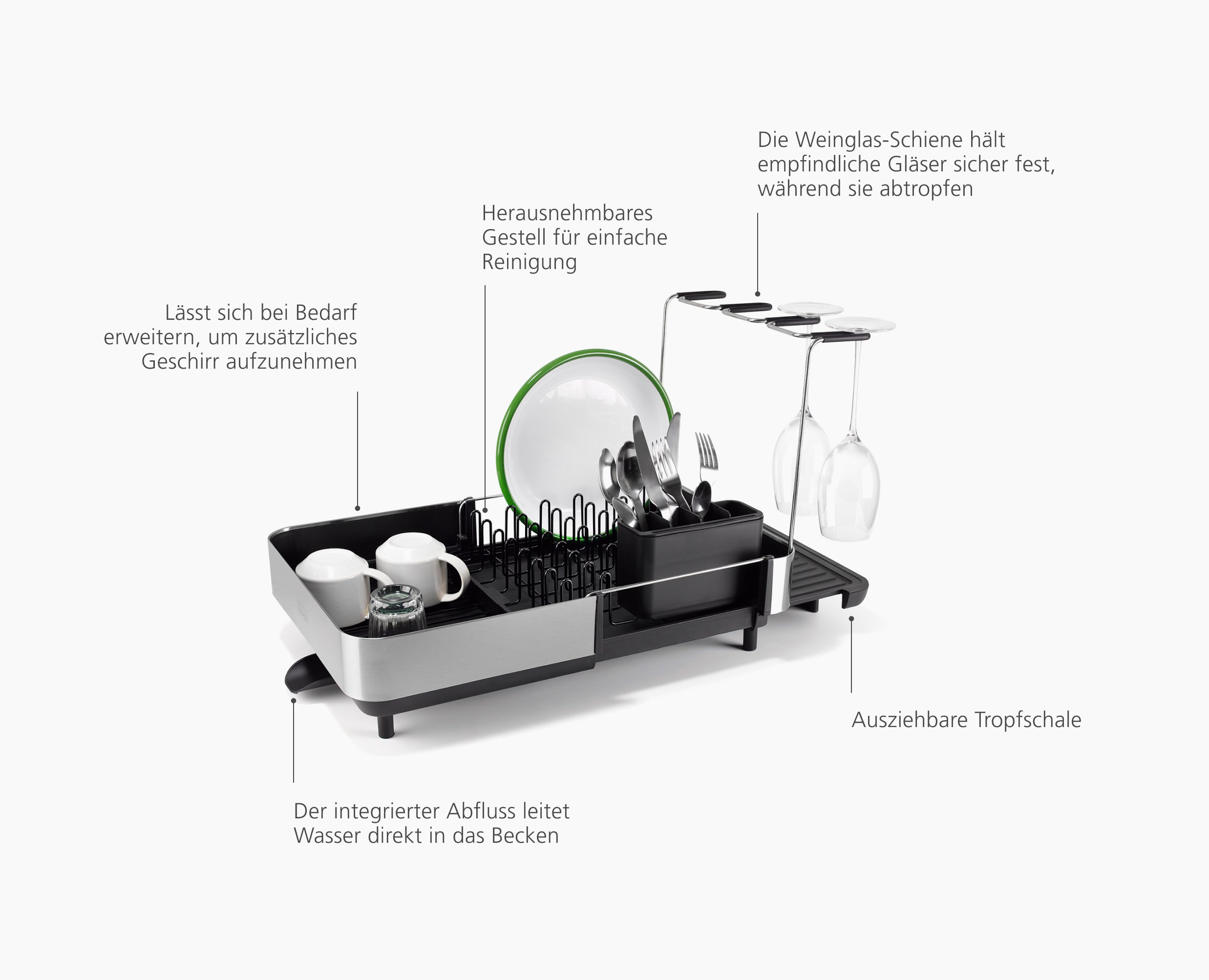 Extend™ Steel Plus Expandable Black Dish Drainer with Wine Glass Rack