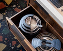 Space Stack Folding Handle Non-Stick 3-Piece Blue Saucepan Set With Lid Storage